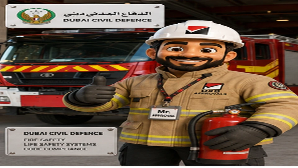 Dubai Civil Defence approval scene with Mr. Approval